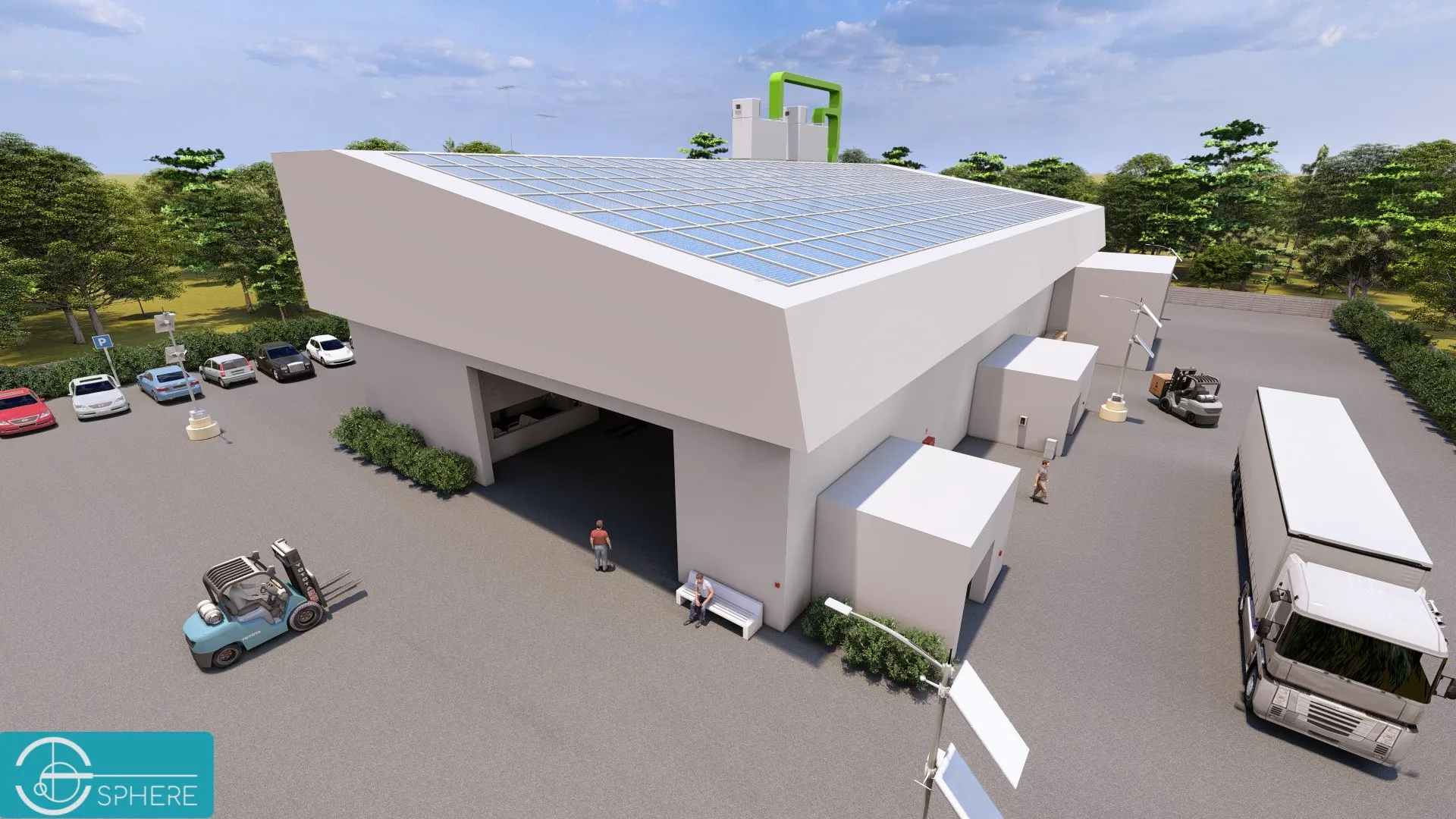 Exterior rendering of the Sphere facility with solar panels and delivery area