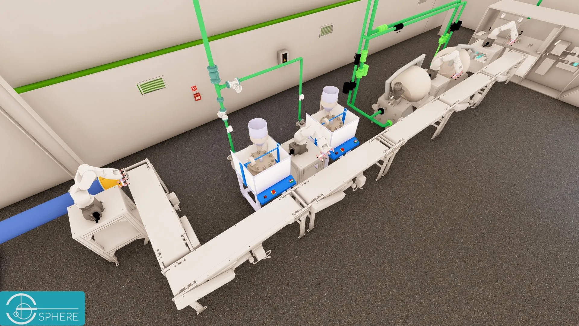 Conveyor belt and surrounding piping in the Sphere facility