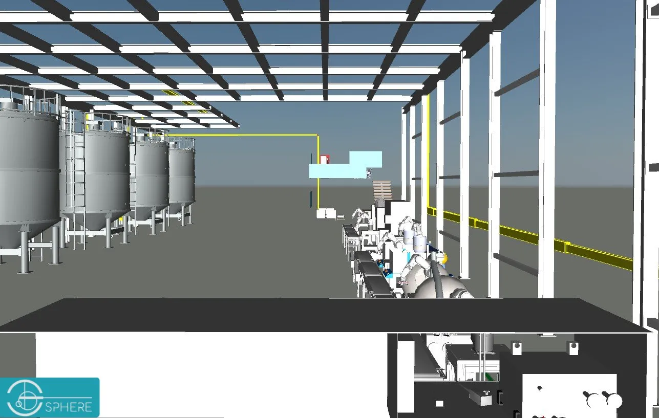 Initial Navisworks model of the facility structure, tanks, and piping